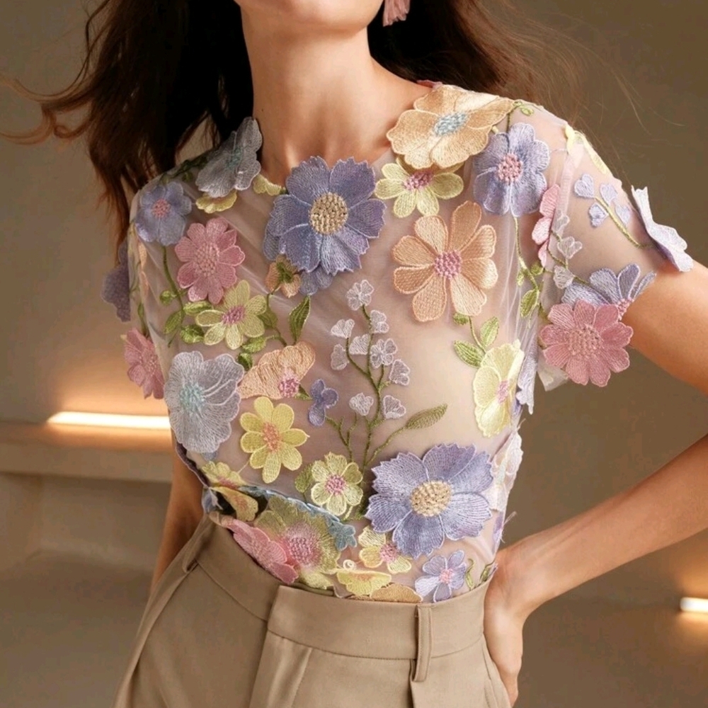 Floral Embroidered Sheer Top